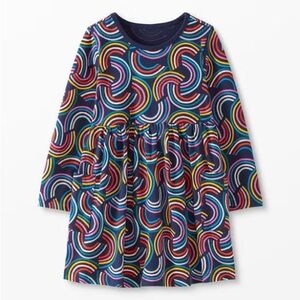 Hanna. Long sleeve playground dress with pockets - Geo Rainbow on Navy. Size 3t